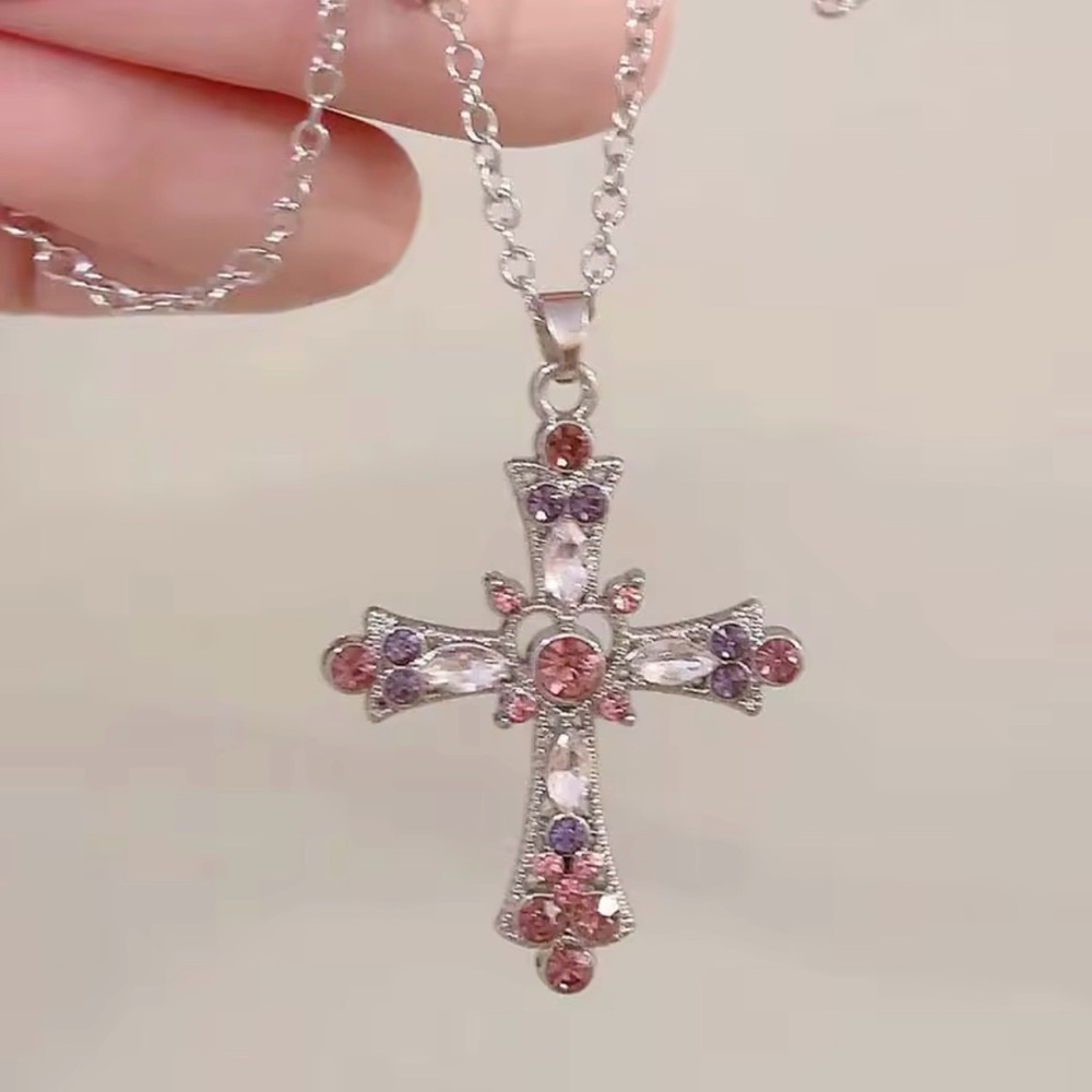 Pink And Purple Silver Crystal Cross Necklace